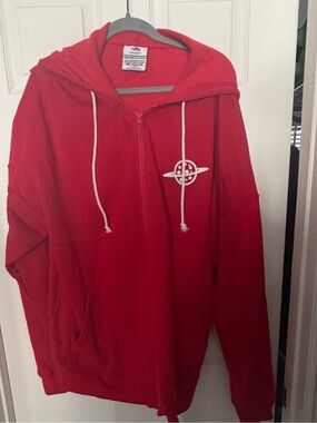 Disney Red Hoodie with White Logo and Gray Trim